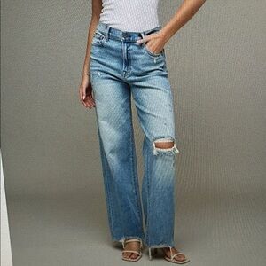 Womens Distress stretch mid rise dad Jean